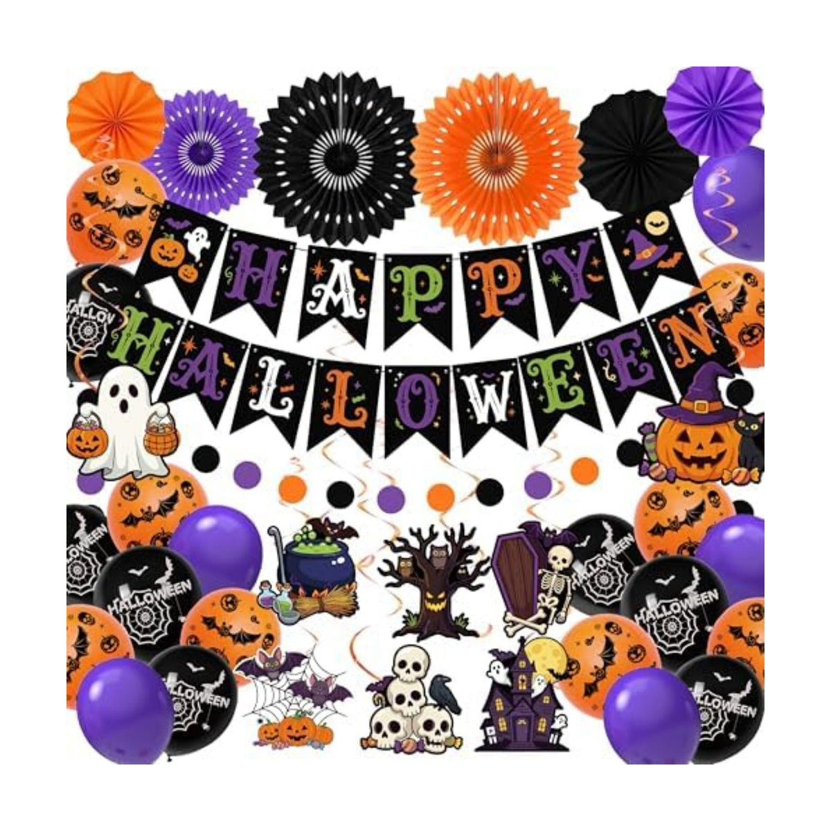 36 Pcs Halloween Party Decorations Indoor, Orange Purple Black Happy Halloween Banner Paper Fans Swirls and Printed Balloons, Spooky Room Wall Decor Supplies
