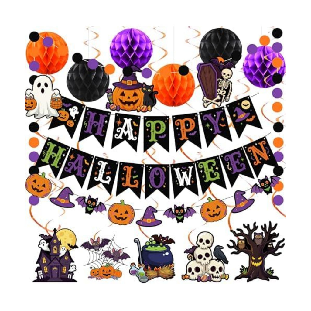 17 Pcs Halloween Party Decorations Indoor, Purple Orange Black Happy Halloween Banner Tissue Pom Poms Hanging Swirls, Spooky Cute Room Ceiling Wall Decor Supplies