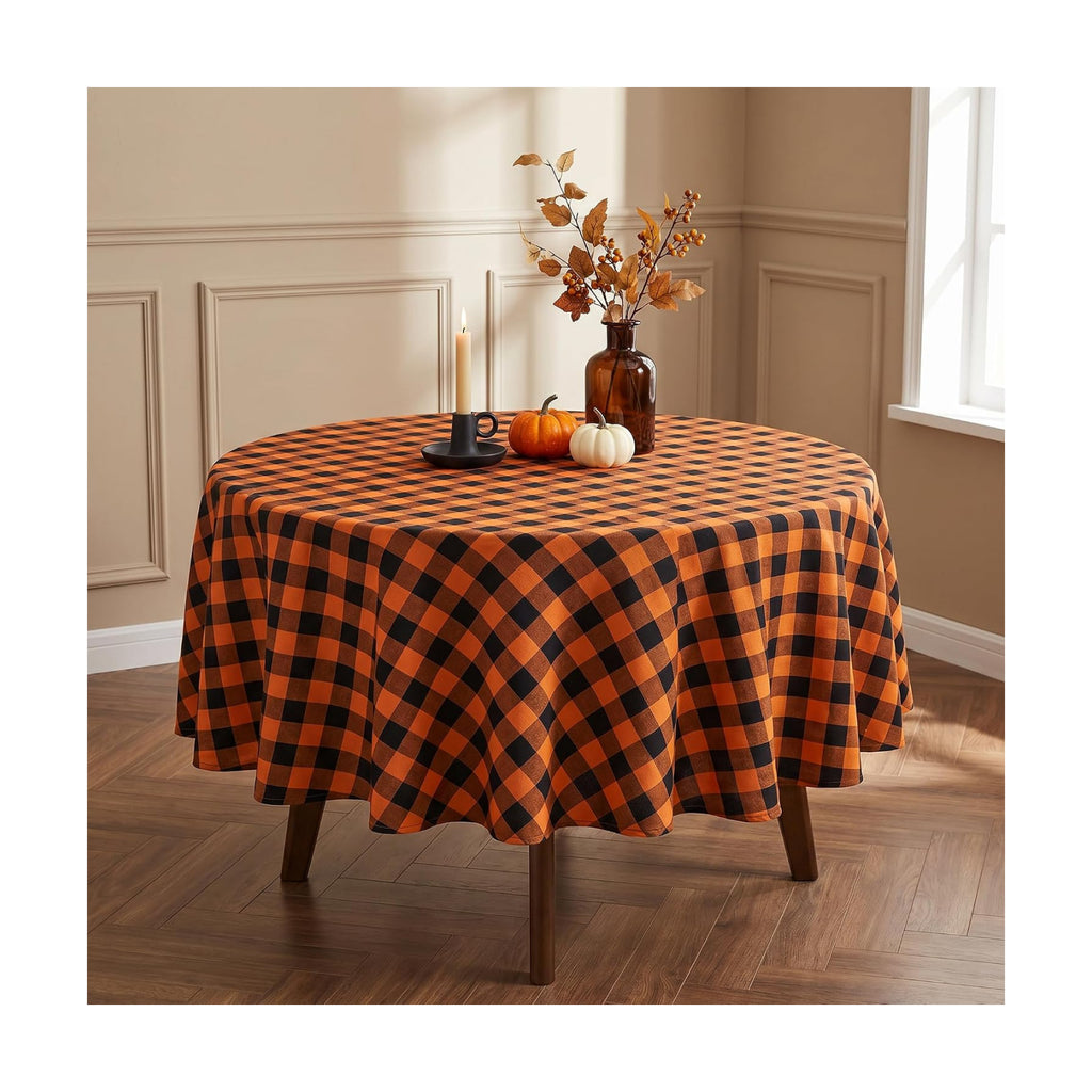 Waterproof Gingham Tablecloth, Checkered Fabric Table Cover for Kitchen Dining, Black & Orange Plaid Table Cloth, Rectangle Table Cloth for Indoor Outdoor Use, 60" Round