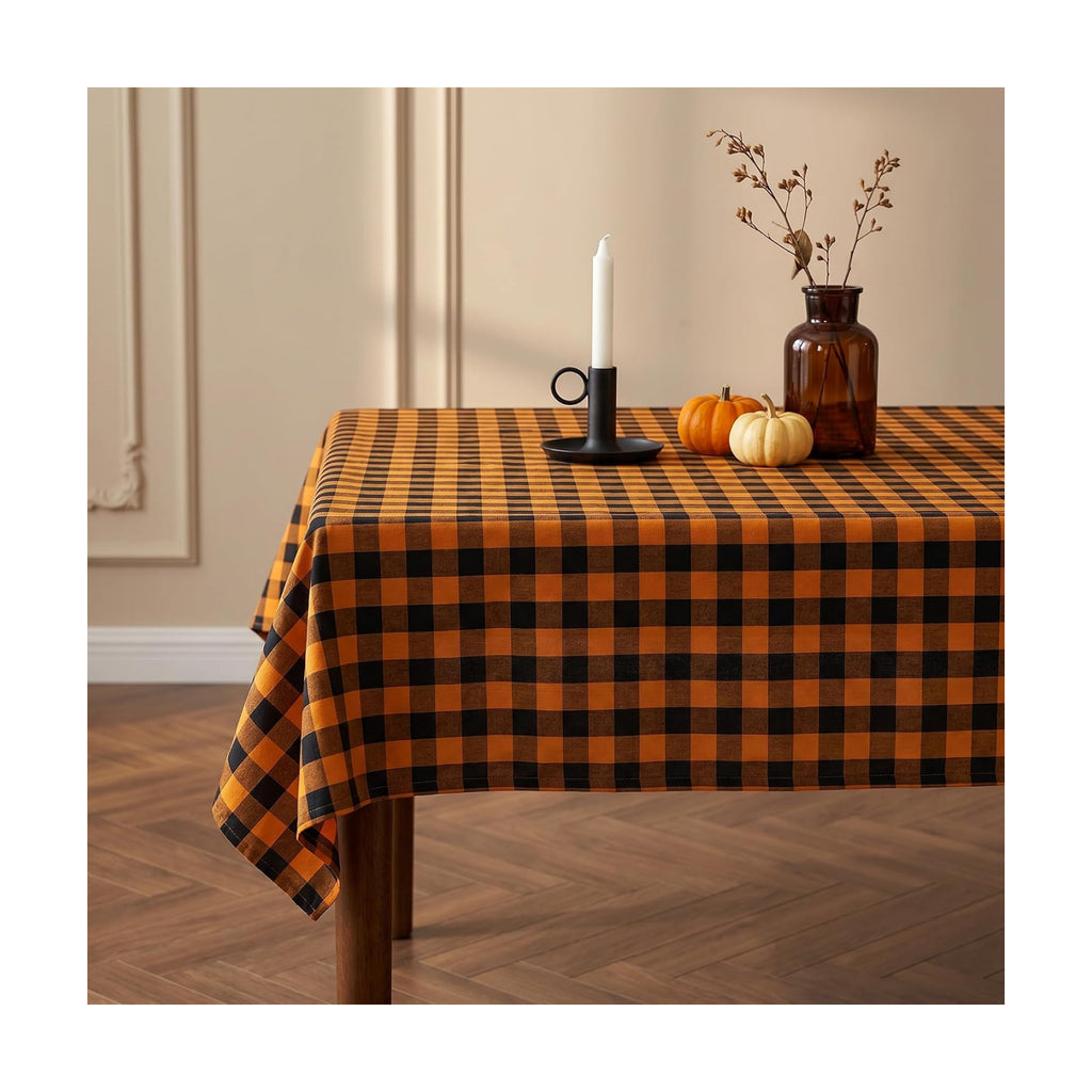 Waterproof Gingham Tablecloth, Checkered Fabric Table Cover for Kitchen Dining, Black & Orange Plaid Table Cloth, Rectangle Table Cloth for Indoor Outdoor Use, W60 x L120 in