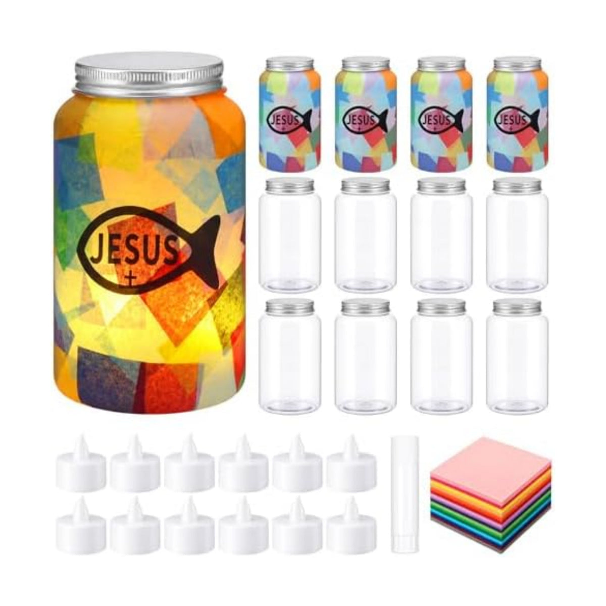 Qinyoung 12 Pcs Religion Faith Jesus Fish Crafts Mason Jars Tissue Paper Crafts with LED Candle Light DIY Suncatchers Decoration Make Your Own VBS Mason Jars Supply for Sunday School Projects Activity