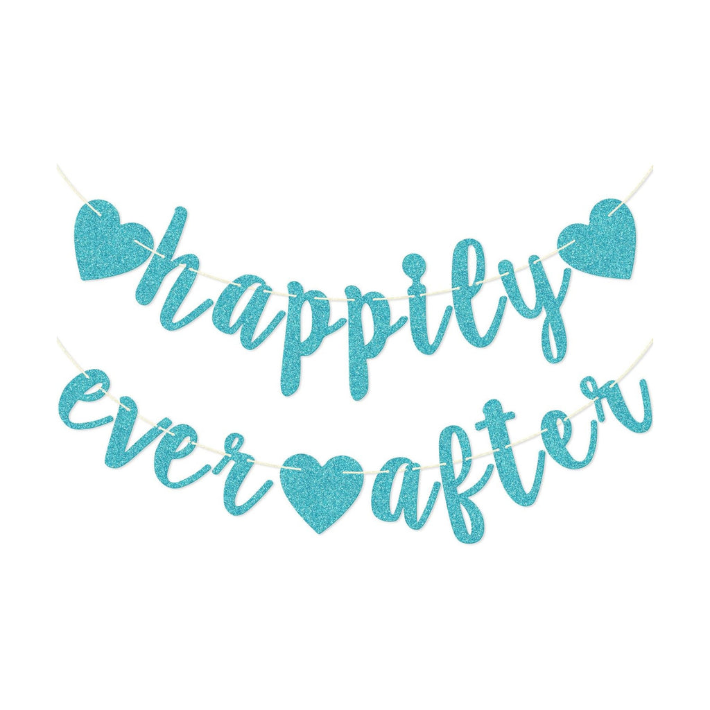 Happily Ever After Glitter Bunting Banner, Engagement, Bridal Shower, Wedding Party Photo Booth Props Signs,Pre-Strung Cursive Bunting (Blue)