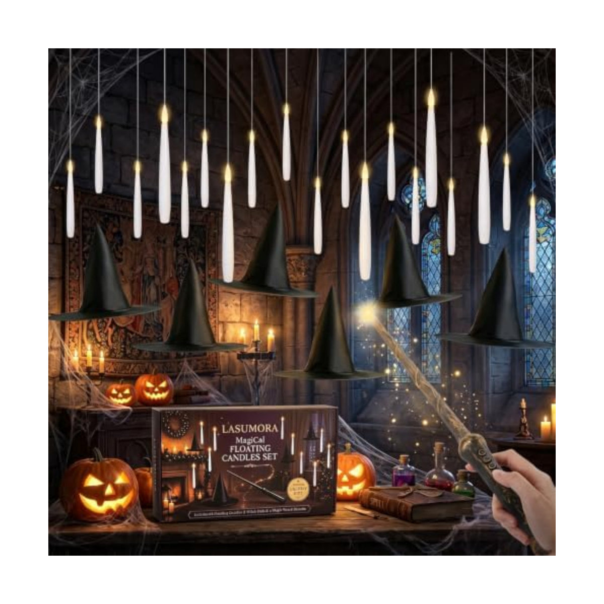 20PCS Halloween Flameless Floating Candles with Wand Remote & Witch Hat