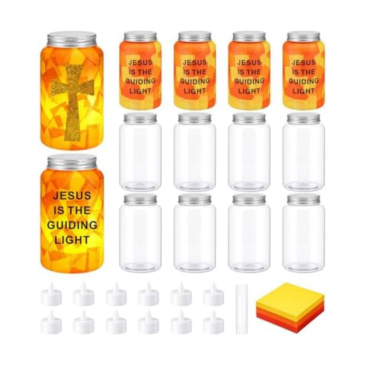 Qinyoung 12 Sets Religious Cross Crafts Jesus Lights The Way Mason Jars Tissue Paper Crafts with LED Candle Light Make Your Own VBS Mason Jars Decoration for Camping Sunday School Projects Activity