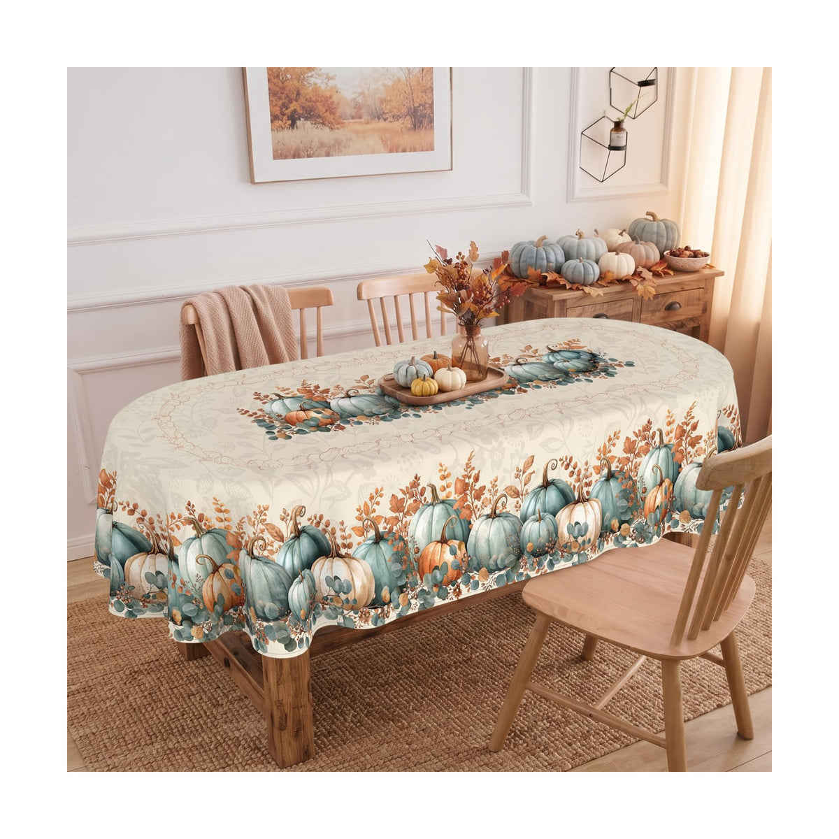 Fall Oval Tablecloth 60 x 102 Inch, Stain Resistant Washable Fabric Autumn Pumpkin Table Cloth Oval Fall Tablecloth Table Cover for Kitchen Dining Party