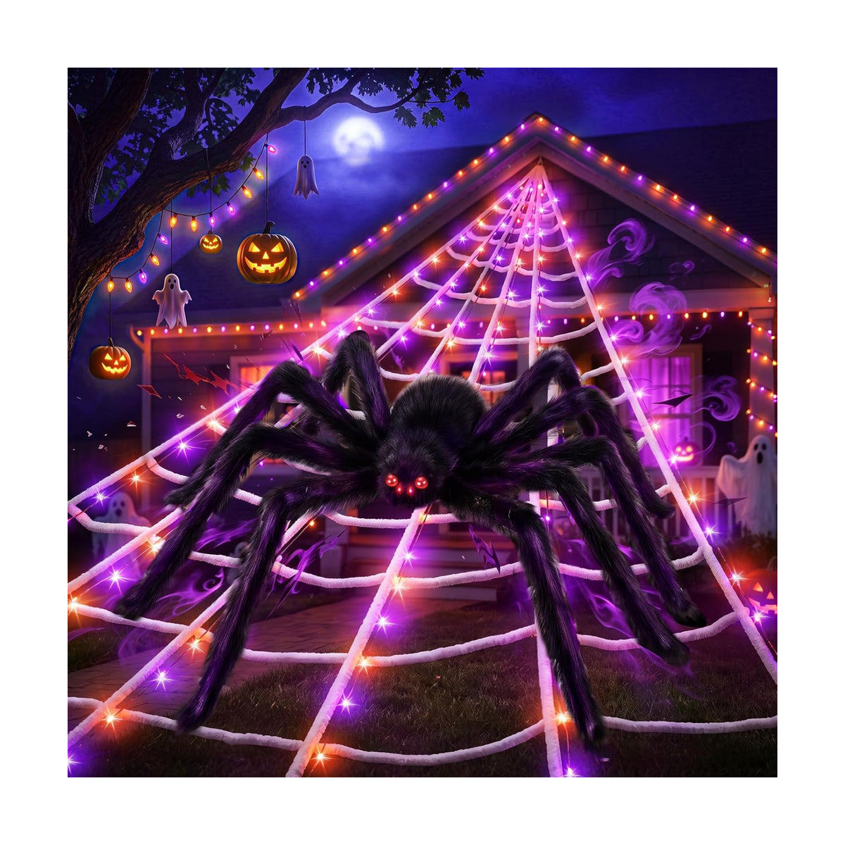 Upgrade Halloween Spider Web Decorations Outdoor + 59" Giant Spider Décor
