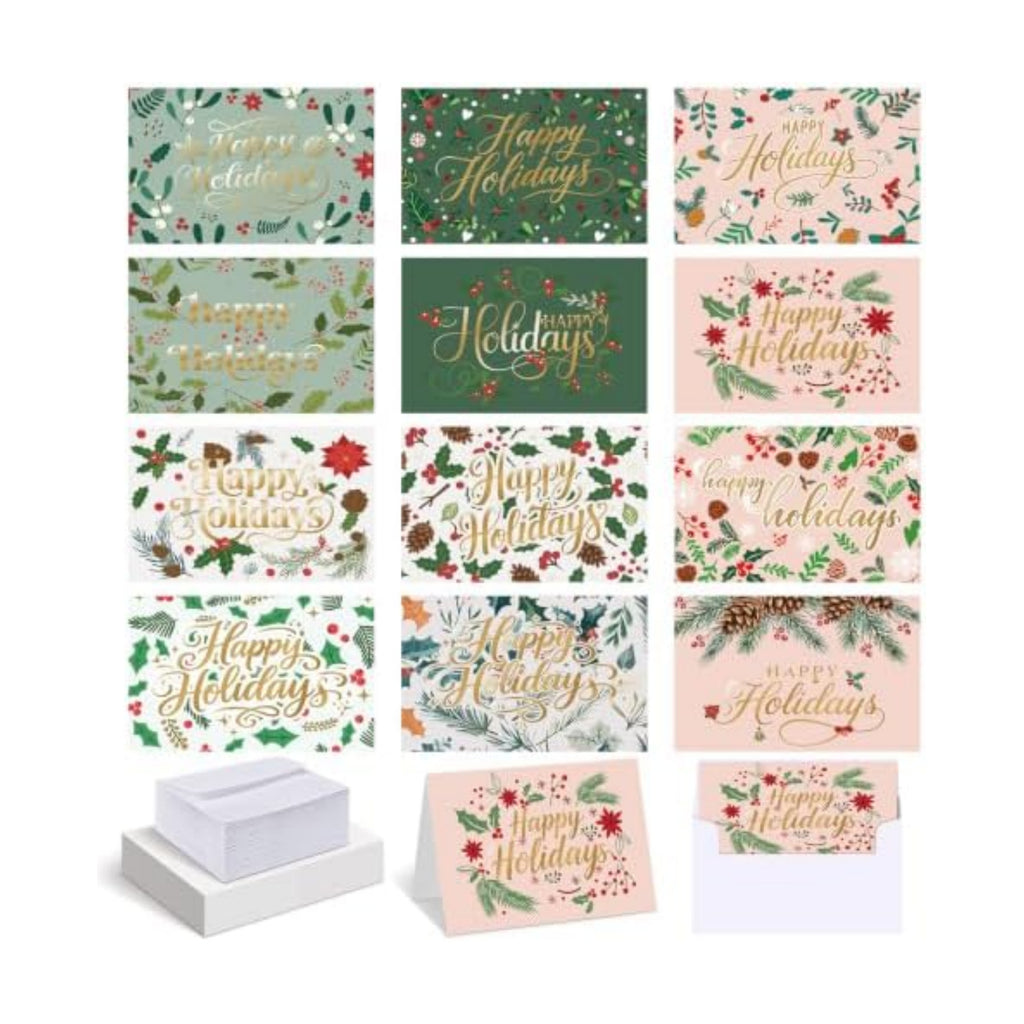 AmazingSpark 120 Pack Happy Holiday Card with Envelope Bulk Green Botanical