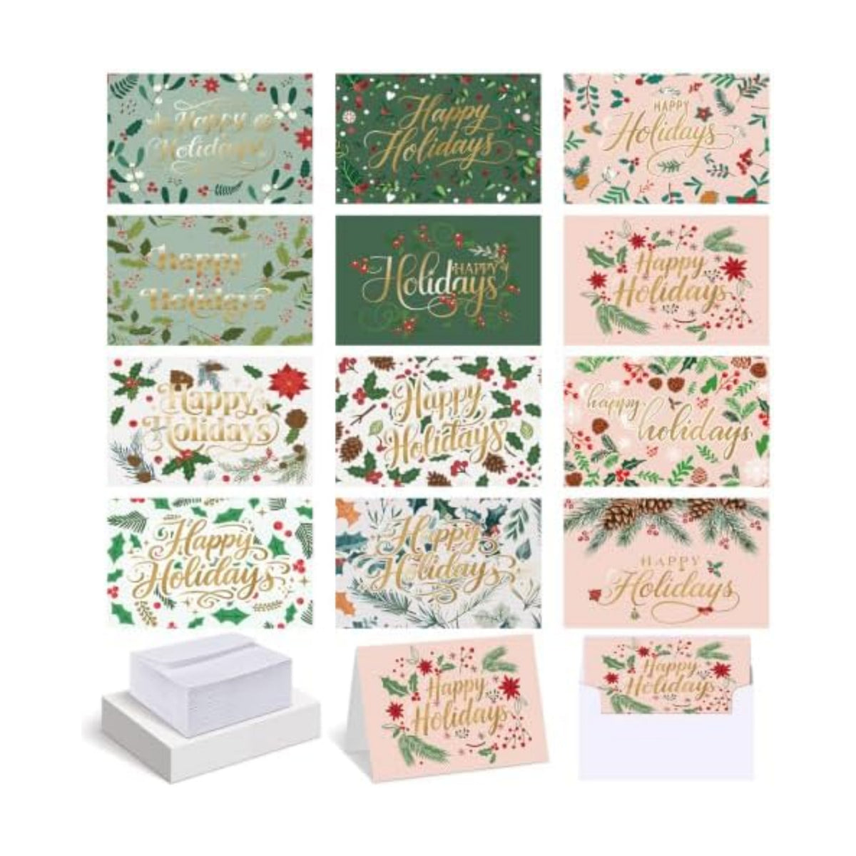 AmazingSpark 120 Pack Happy Holiday Card with Envelope Bulk Green Botanical