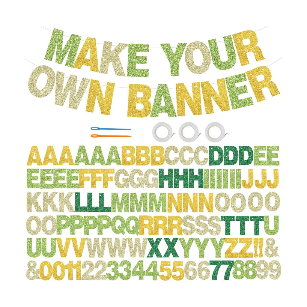 BEISHIDA 116 PCS A-Z DIY Letter Banner Kit Make Your Own Banner Including 111 Letters and Numbers 3 Rope and 2 Threading Device,Customized for Birthday Graduation Wedding Decor Glitter Green Gold