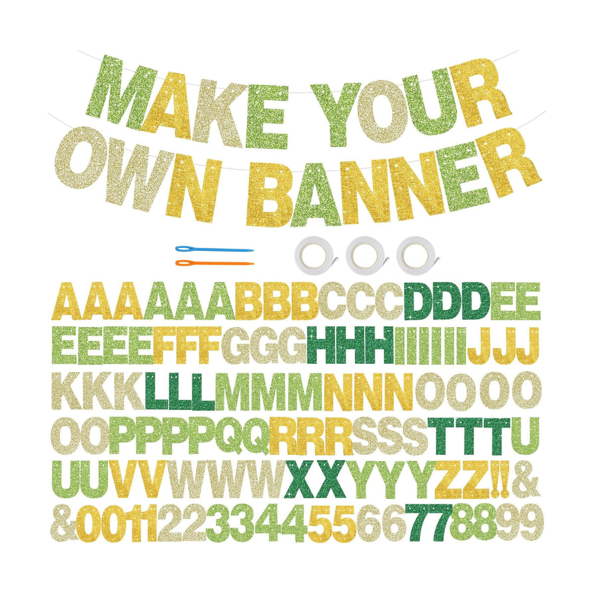 BEISHIDA 116 PCS A-Z DIY Letter Banner Kit Make Your Own Banner Including 111 Letters and Numbers 3 Rope and 2 Threading Device,Customized for Birthday Graduation Wedding Decor Glitter Green Gold
