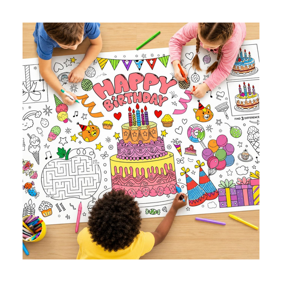 Happy Birthday Giant Coloring Tablecloth, 28 x 72 Inch Kids Party Poster