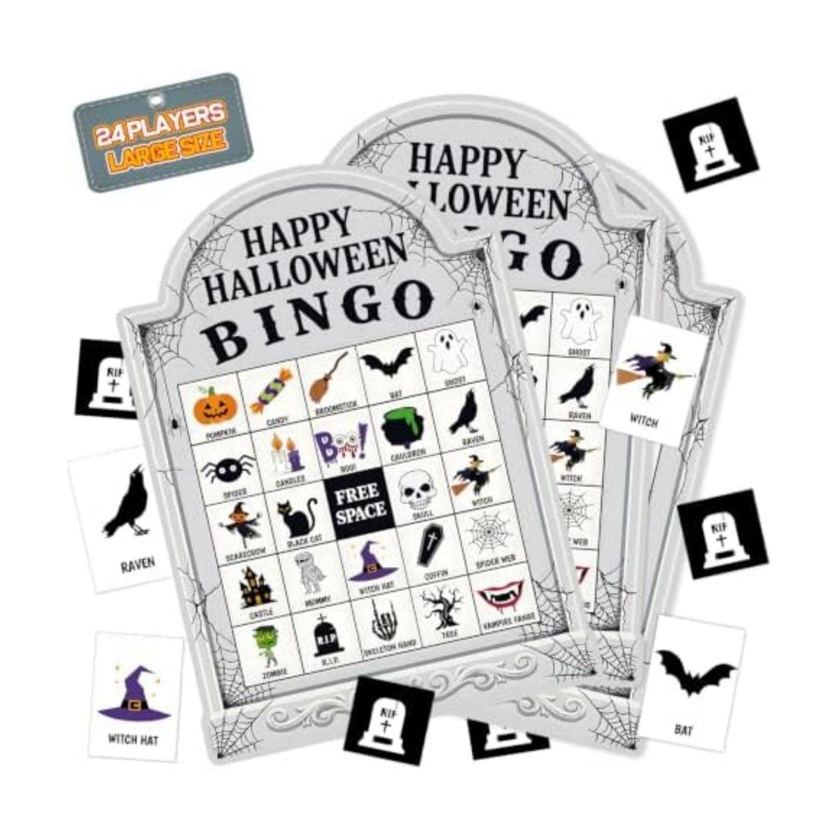 Halloween Bingo Cards for 24 Players - 5" x 7", Tomb Shaped