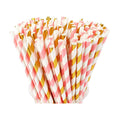100 Packs Pink and Gold Biodegradable Striped Paper Straws, Disposable Drinking Straws for Birthday Carnival Summer Pool Party Wedding Halloween Christmas Party Decoration Supplies