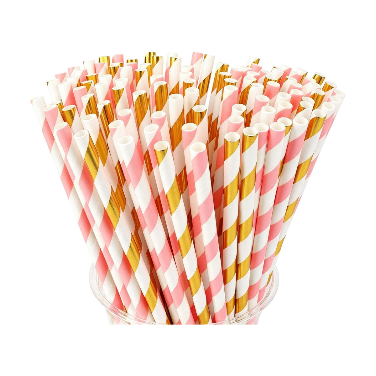 100 Packs Pink and Gold Biodegradable Striped Paper Straws, Disposable Drinking Straws for Birthday Carnival Summer Pool Party Wedding Halloween Christmas Party Decoration Supplies