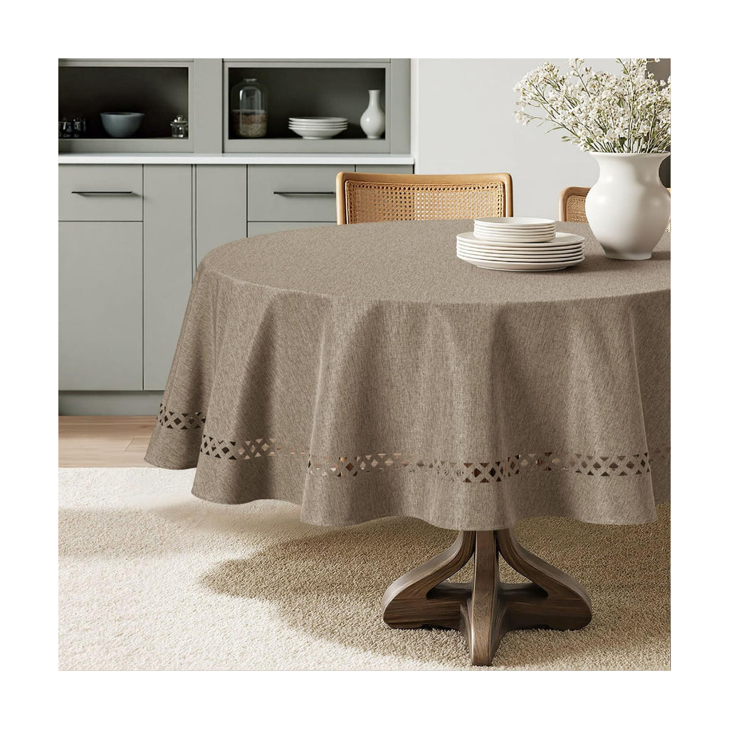 MIULEE Khaki 60 Inch Round Linen Tablecloth with Decorative Cutouts