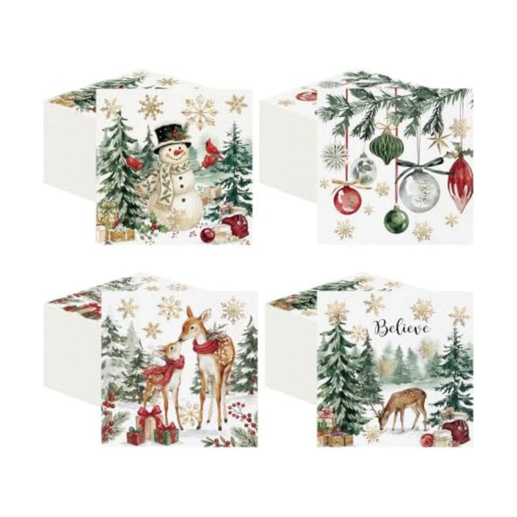 Fulmoon 100 Pcs Christmas Cocktail Paper Napkins Disposable Vivid 4 Style