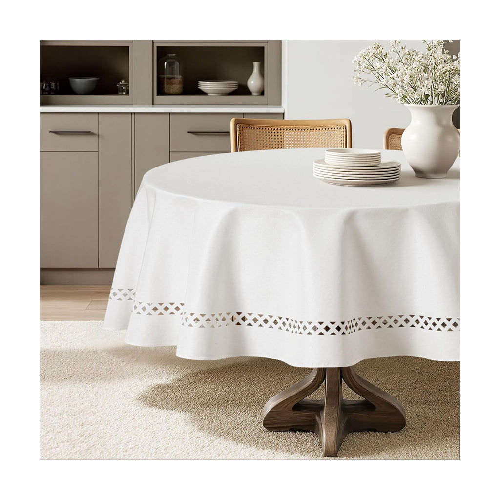 MIULEE White 60 Inch Round Linen Tablecloth with Decorative Cutouts