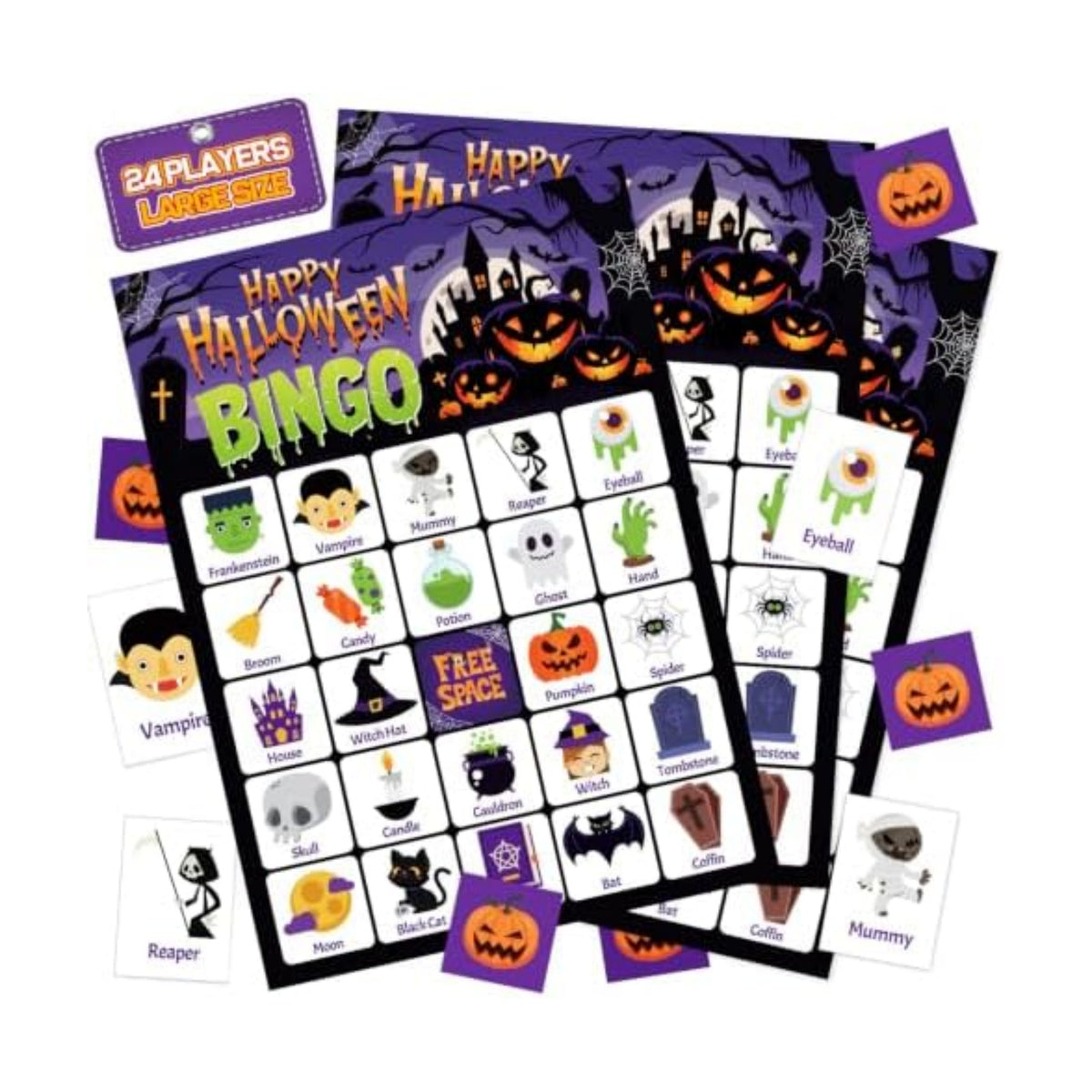 Halloween Bingo Cards for 24 Players - 5" x 7", Purple