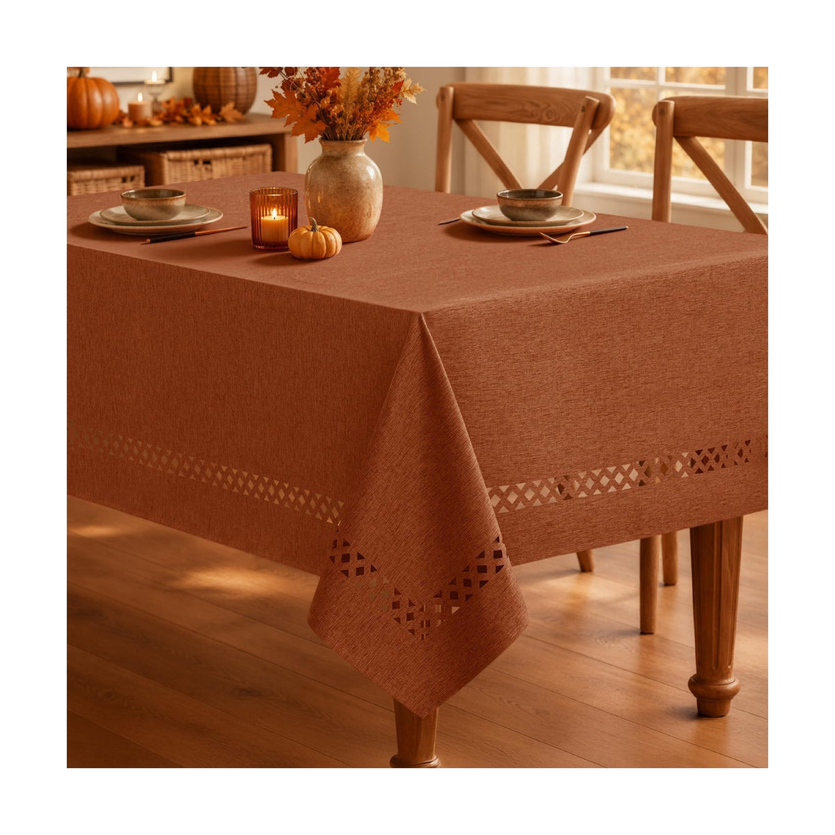 MIULEE Rust Fall Rectangle Tablecloth with Decorative Cutouts 52x70 Inch