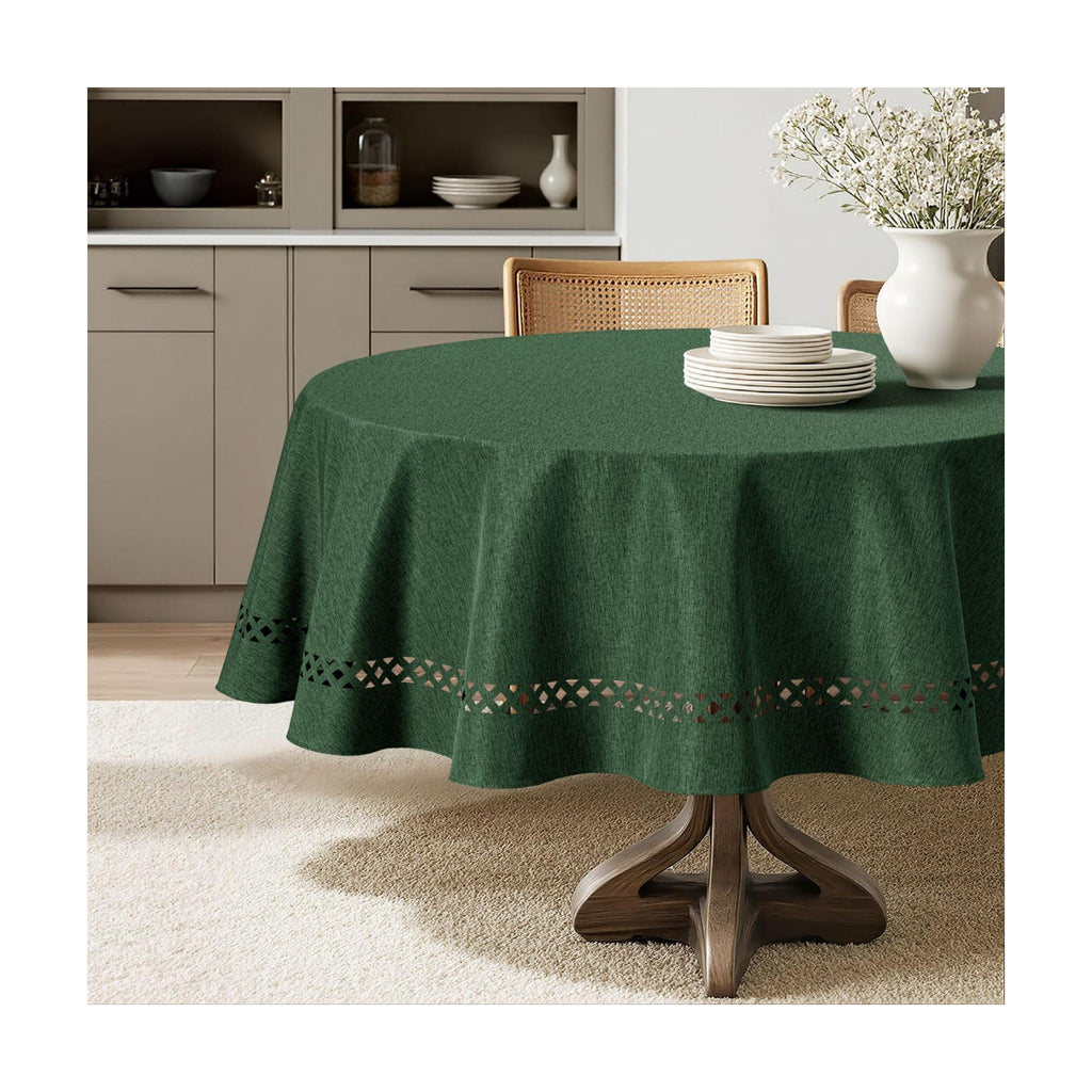 MIULEE Army Green 60 Inch Round Linen Tablecloth with Decorative Cutouts