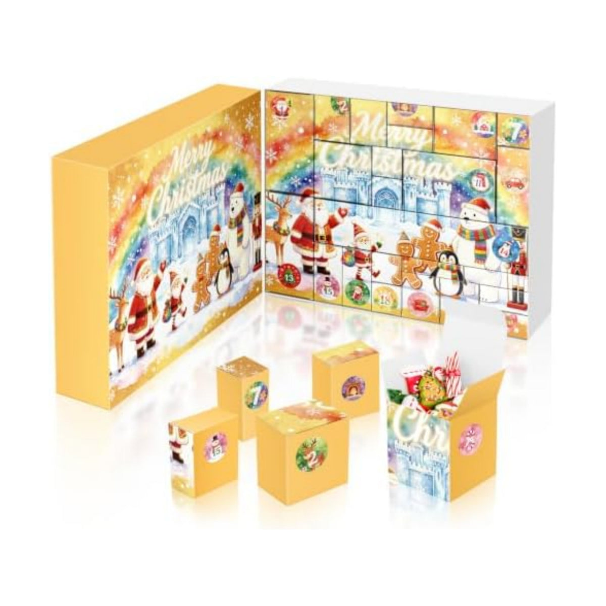 XiaosRen 2026 Christmas Advent Calendar Box Set DIY - 24 Days of Empty Gift Boxes with Number Stickers to Fill for Kids, Family & Friends - Watercolor Gold Background Ice Castle Santa Cartoon Design