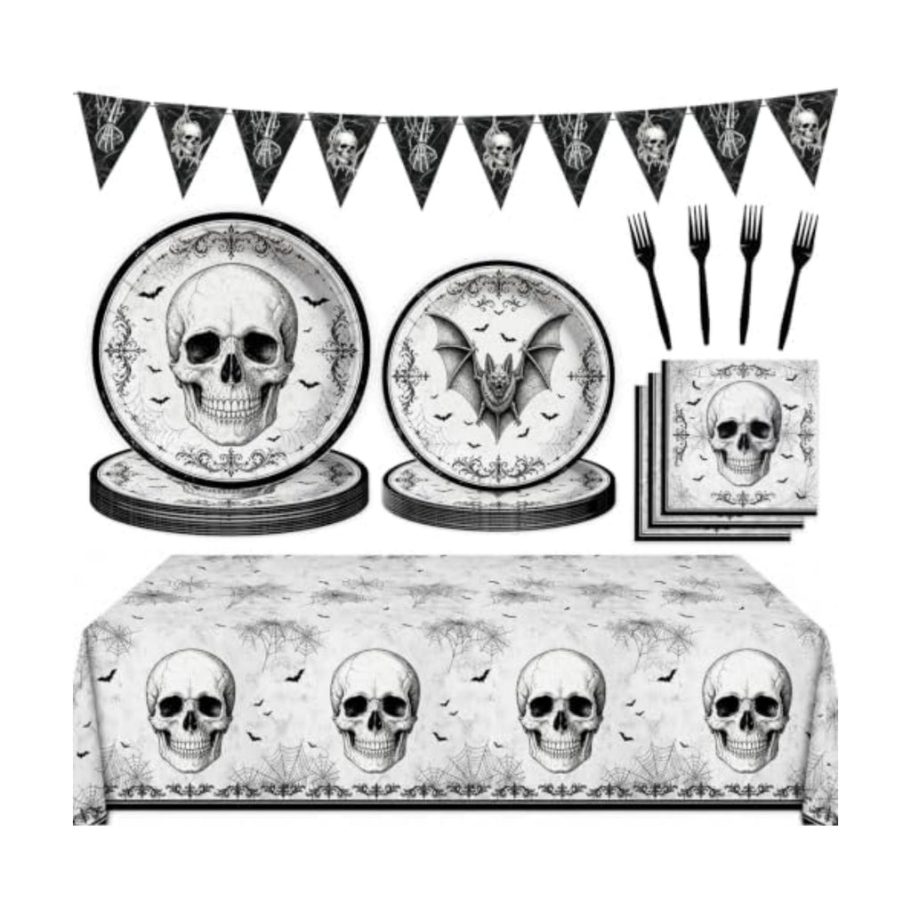 98Pcs Halloween Party Decorations-Black Skull Tableware Kit for 24