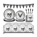 98Pcs Halloween Party Decorations-Black Skull Tableware Kit for 24