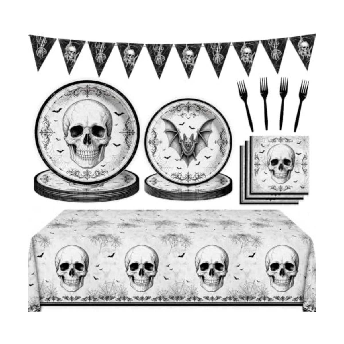 98Pcs Halloween Party Decorations-Black Skull Tableware Kit for 24