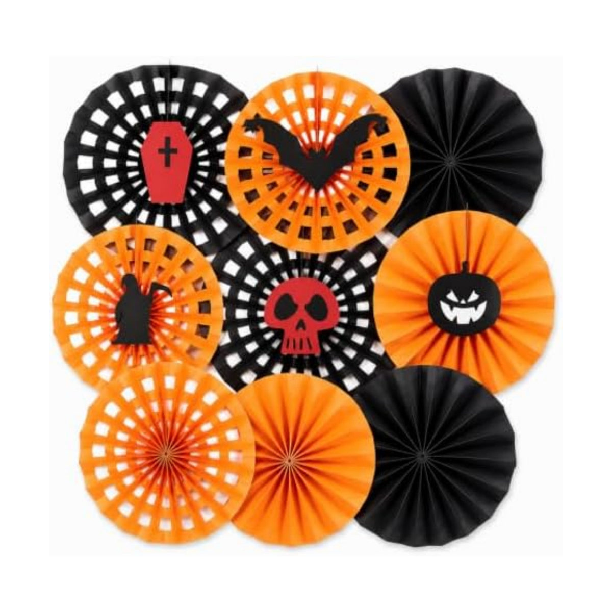 Honeycomb Round Paper Fans, 9Pcs Black Orange Halloween Party Decorations