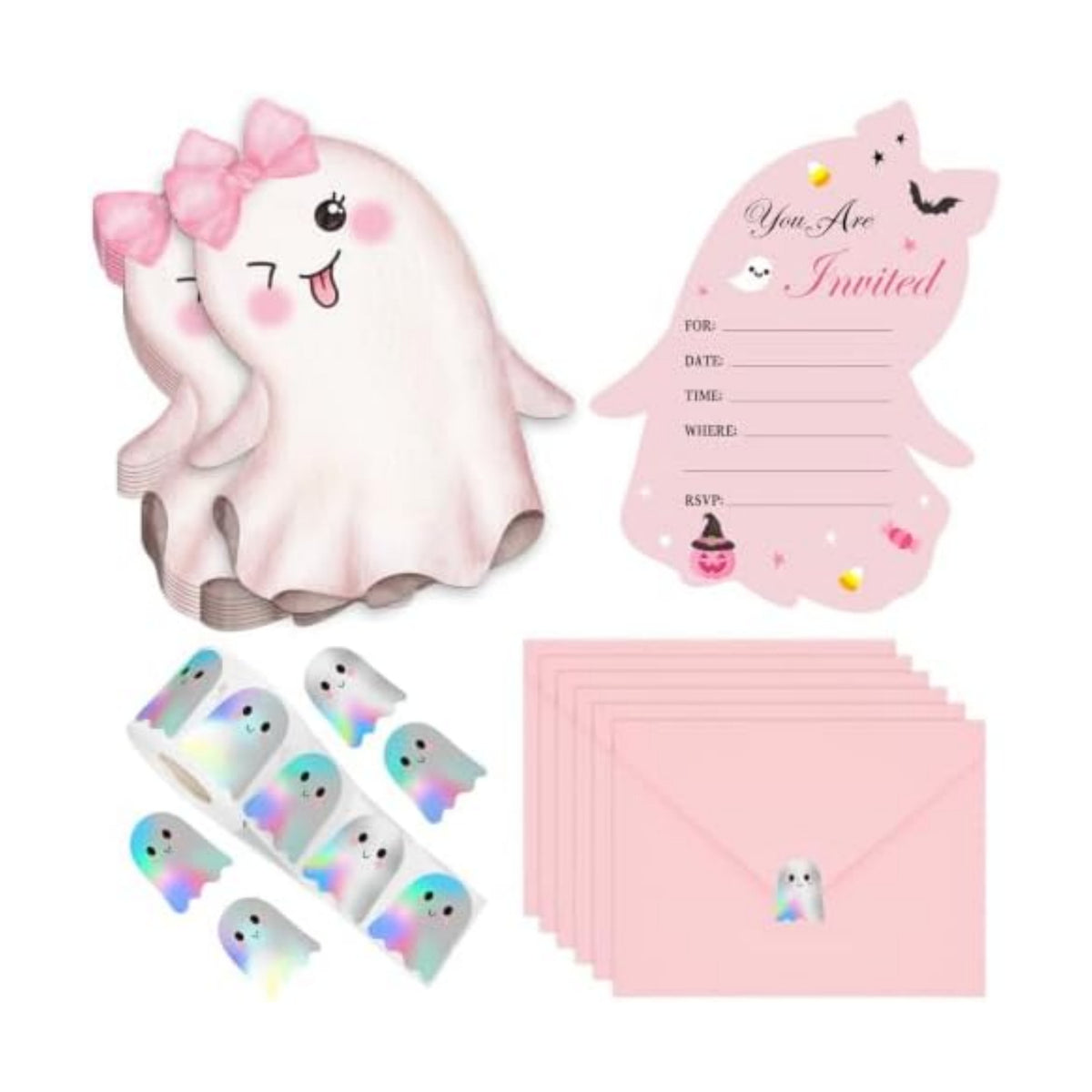 25 Pack Pink Halloween Invitations Card with Envelopes and Sticker