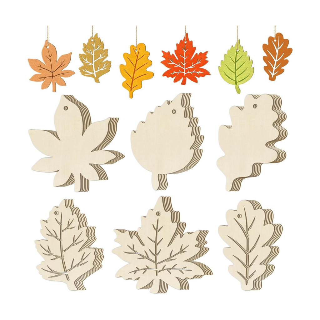 36PCS Wooden Fall Ornaments to Paint Thanksgiving Decorations, 6 Styles DIY Blank Autumn Unfinished Wood Maple Leaves Turkey Pumpkin Halloween Cutouts Ornament for Crafts Birthday Party Gifts Hanging