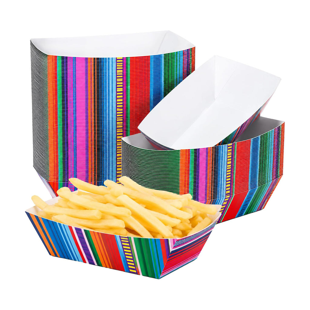 100 Pcs Mexican Fiesta Paper Food Trays, Pre-Folded Disposable Food Boats for Tacos, Nachos, Burritos, Fries, Snacks, Taco Tuesday, Fiesta Party Supplies