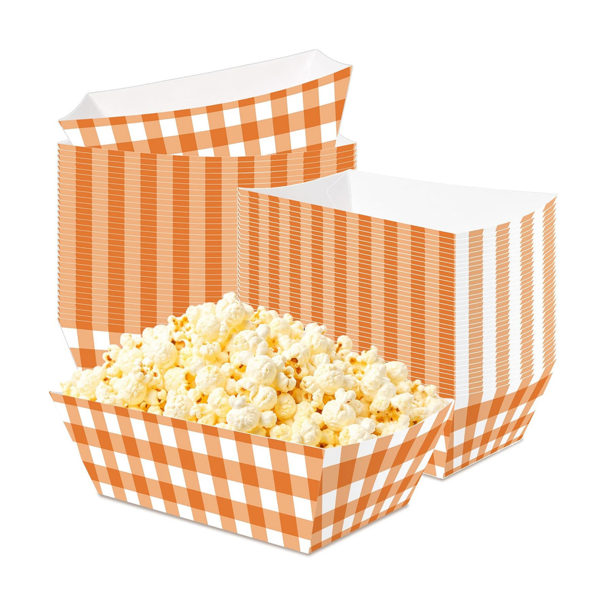 100 Pcs Orange Checkered Paper Food Trays, Pre-Folded Disposable Snack Boats for Popcorn, Candy, Fries, Nachos, Snacks, Movie Night Party Supplies, Cinema Themed Serving Trays