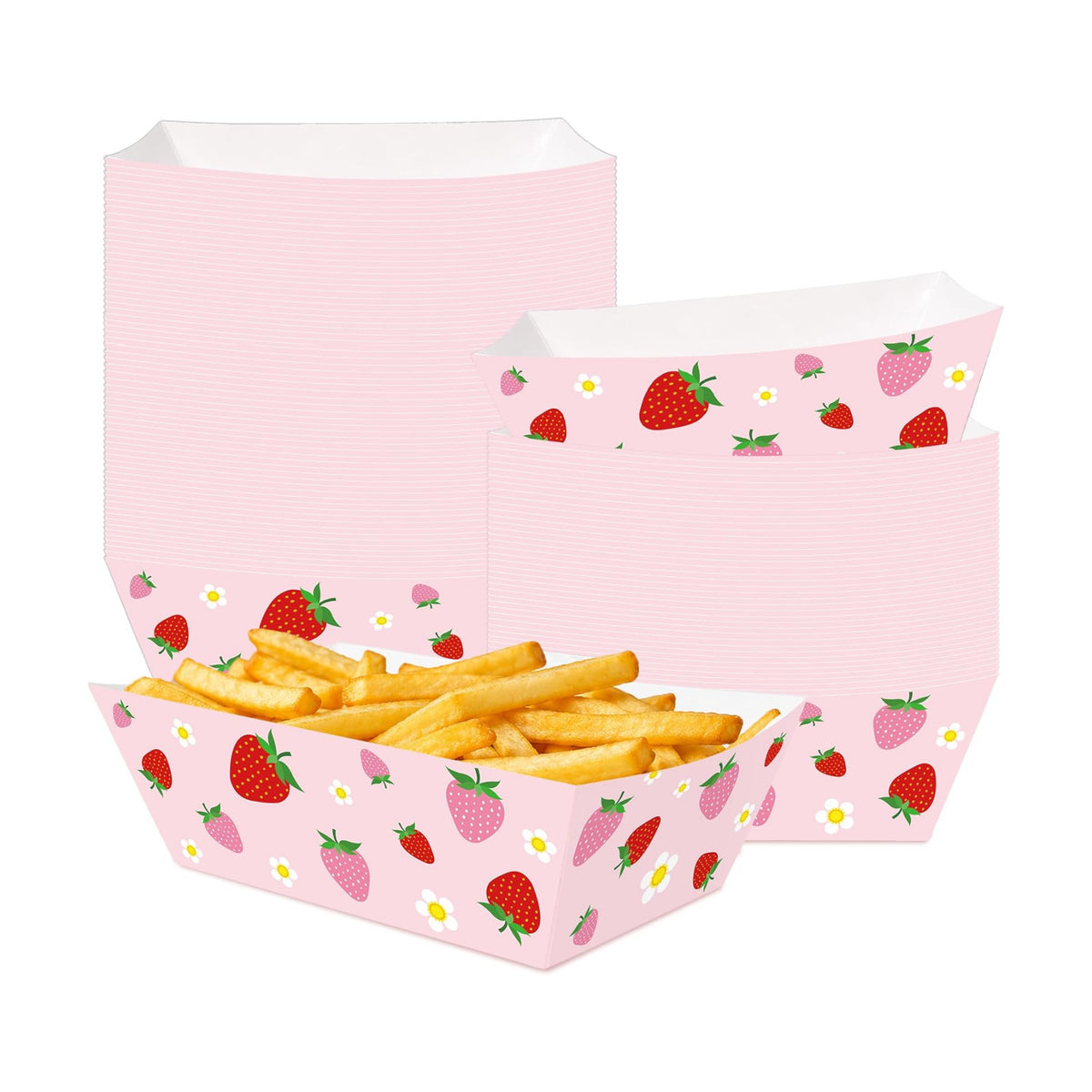 100 Pcs Strawberry Paper Food Trays, Pre-Folded Disposable Food Boats for Cookies, Cupcakes, Popcorn, Candy, Snacks, Strawberry Birthday, Baby Shower, Bridal Shower Party Supplies