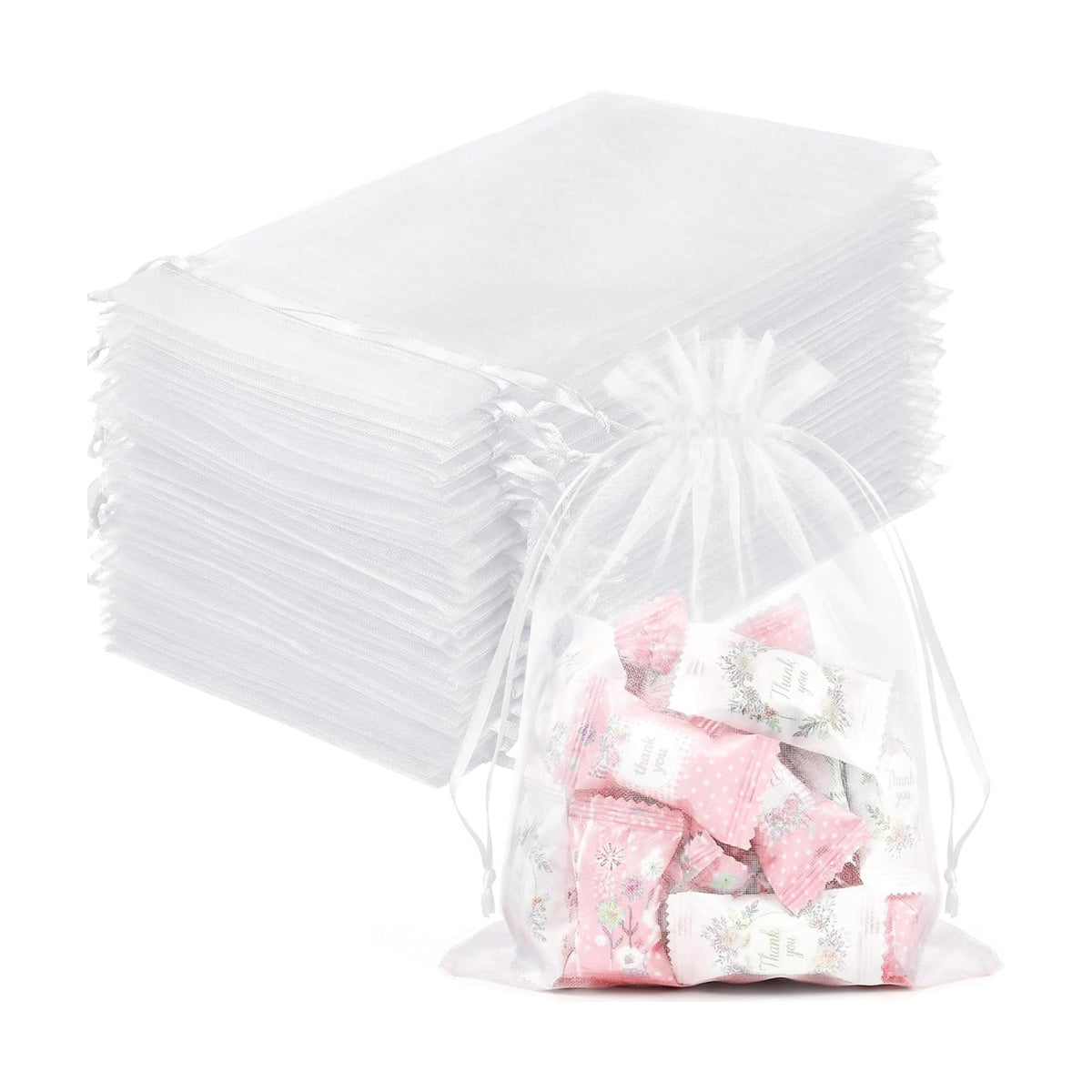 FUNFERY 100PCS White Organza Gift Bags 5x7in,Drawstring Pouch for Jewelry