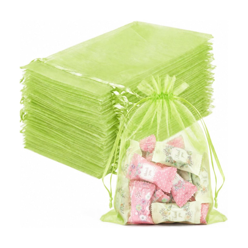 FUNFERY 100PCS Apple Green Organza Gift Bags 5x7in,Drawstring Jewelry Pouch