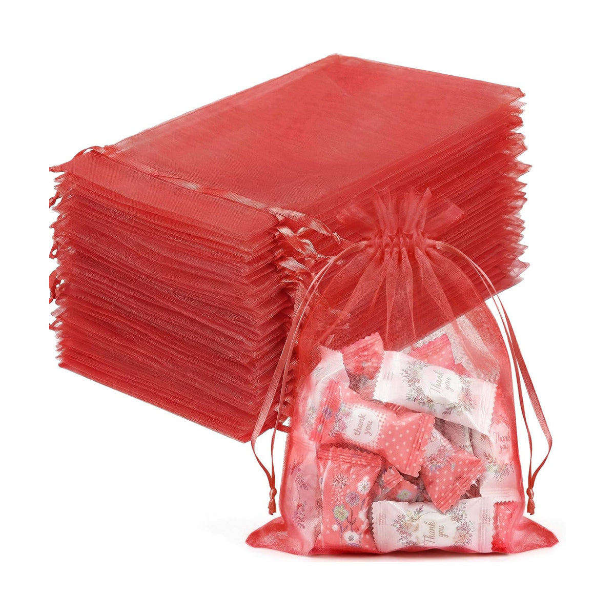 FUNFERY 100PCS Red Organza Gift Bags 5x7in,Drawstring Pouch for Jewelry