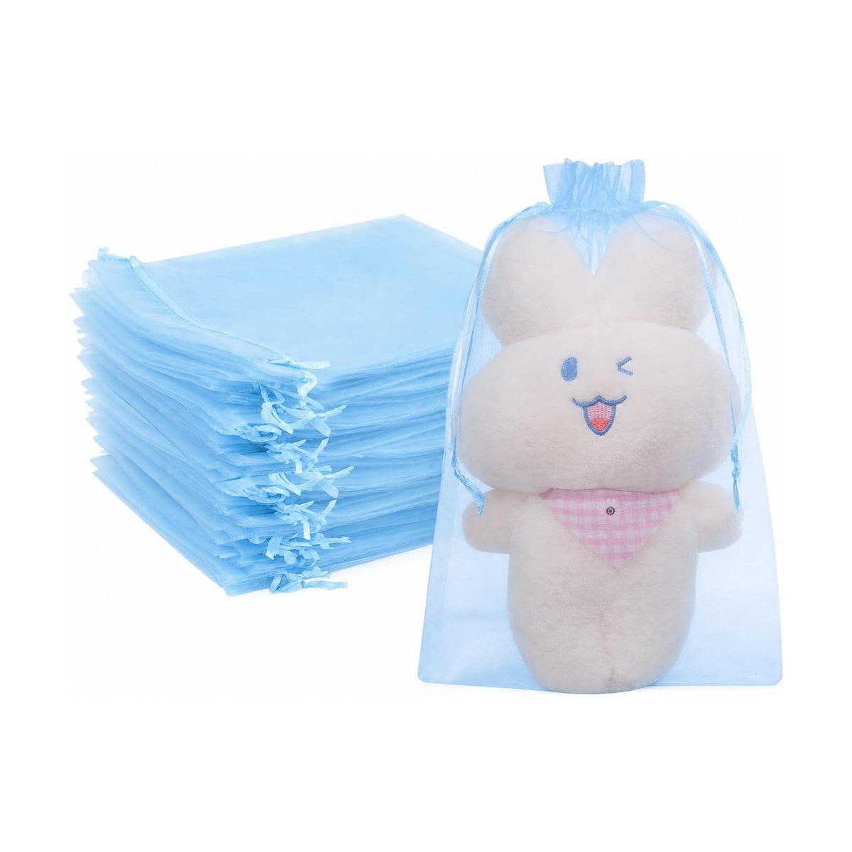 FUNFERY 100PCS Baby Blue Organza Gift Bags 6x9in,Drawstring Jewelry Pouch