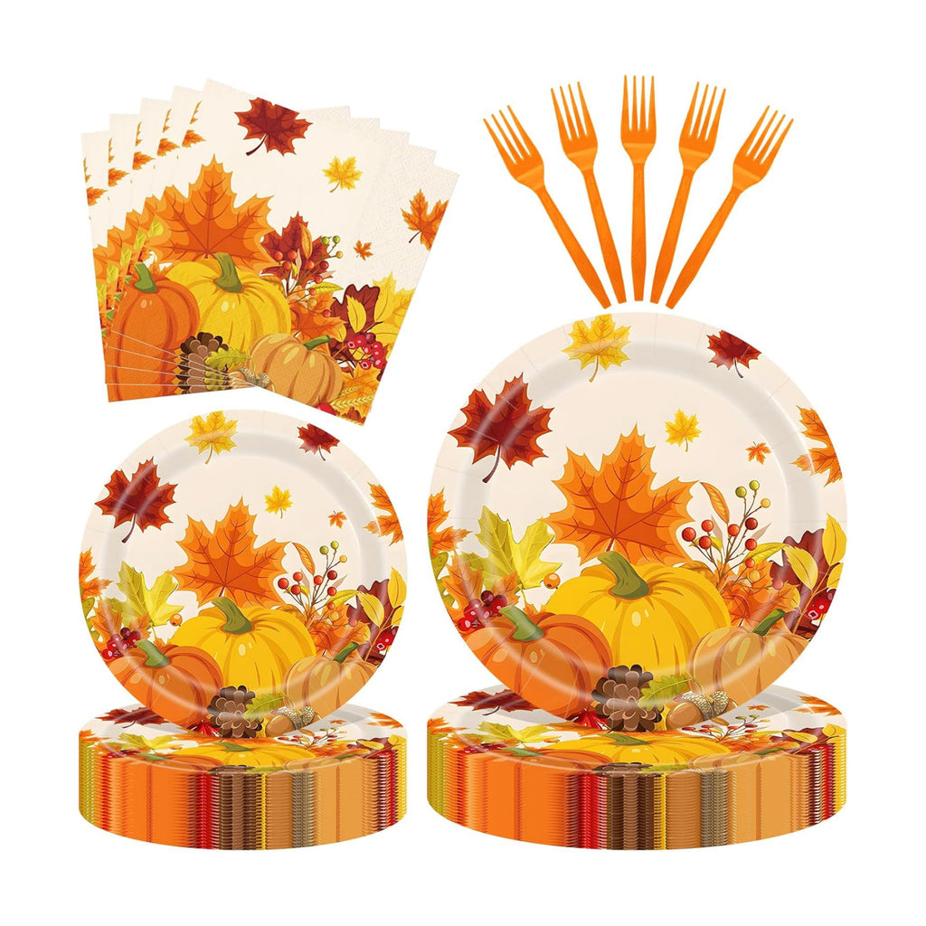96 Pieces Thanksgiving Pumpkin Tableware Set – Disposable Fall Harvest Paper Plates and Napkins for Thanksgiving Dinner, Friendsgiving, Autumn Harvest Party and Fall Gatherings – Serves 24
