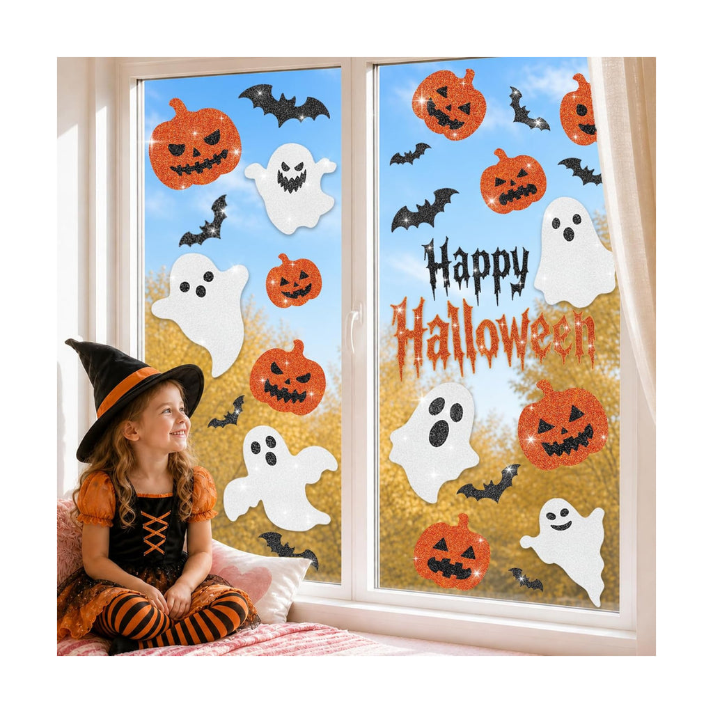Glitter Halloween Window Clings Decor, Cute Ghost Pumpkin Stickers Decals