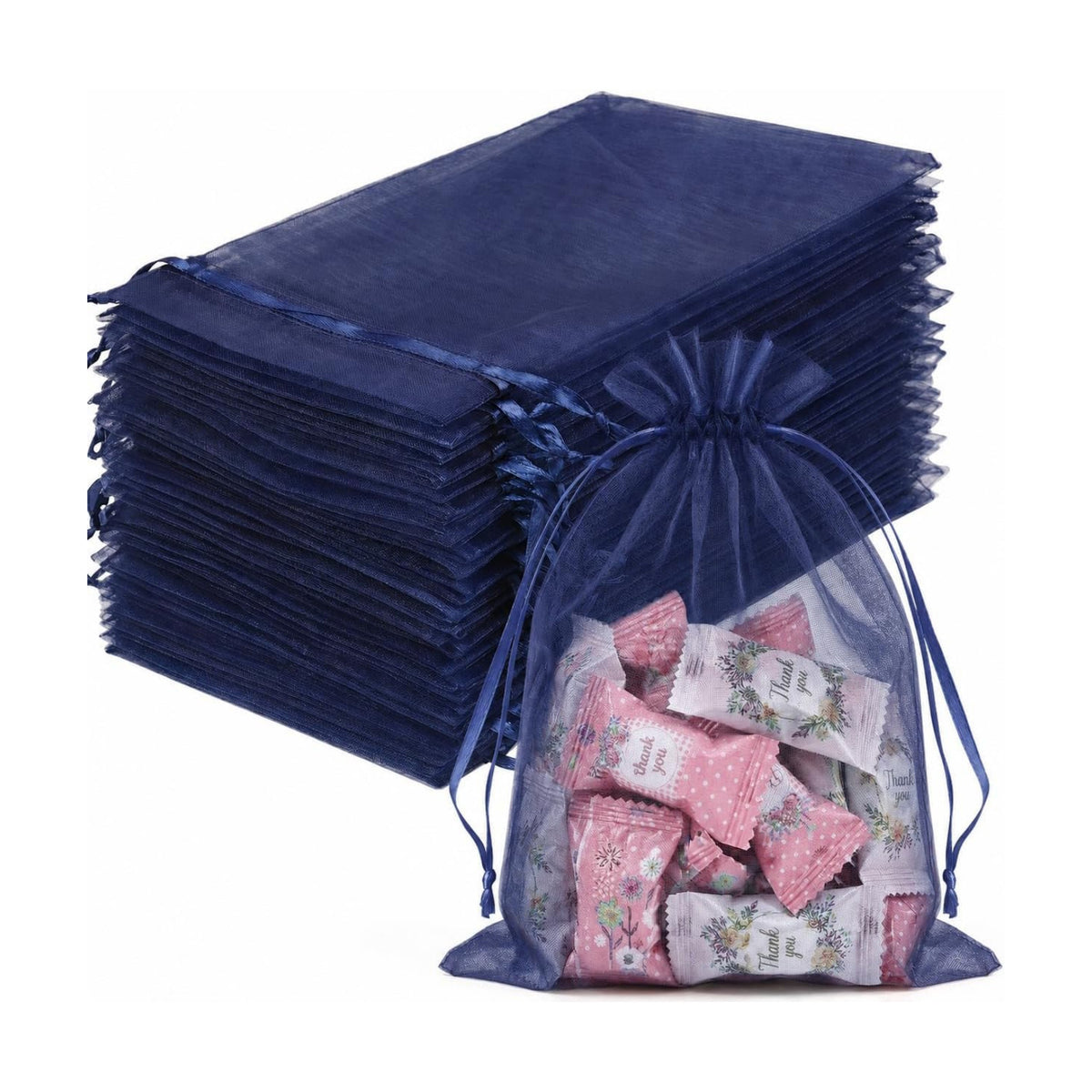 FUNFERY 100PCS Navy Blue Organza Gift Bags 5x7in,Drawstring Jewelry Pouch