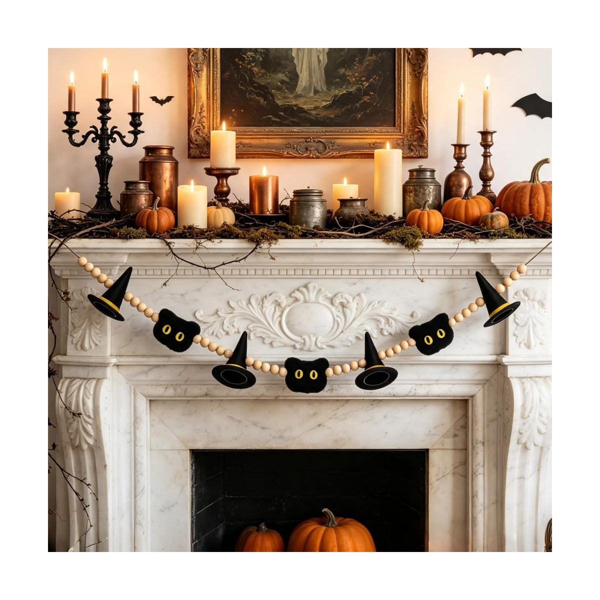 GreenD Halloween Garland 9.84FT Wood Bead Garland with Felt Witch Hats & Plush Cats, Handmade Indoor Hanging Decor for Living Room Window Neutral Farmhouse Cute Party Supplies