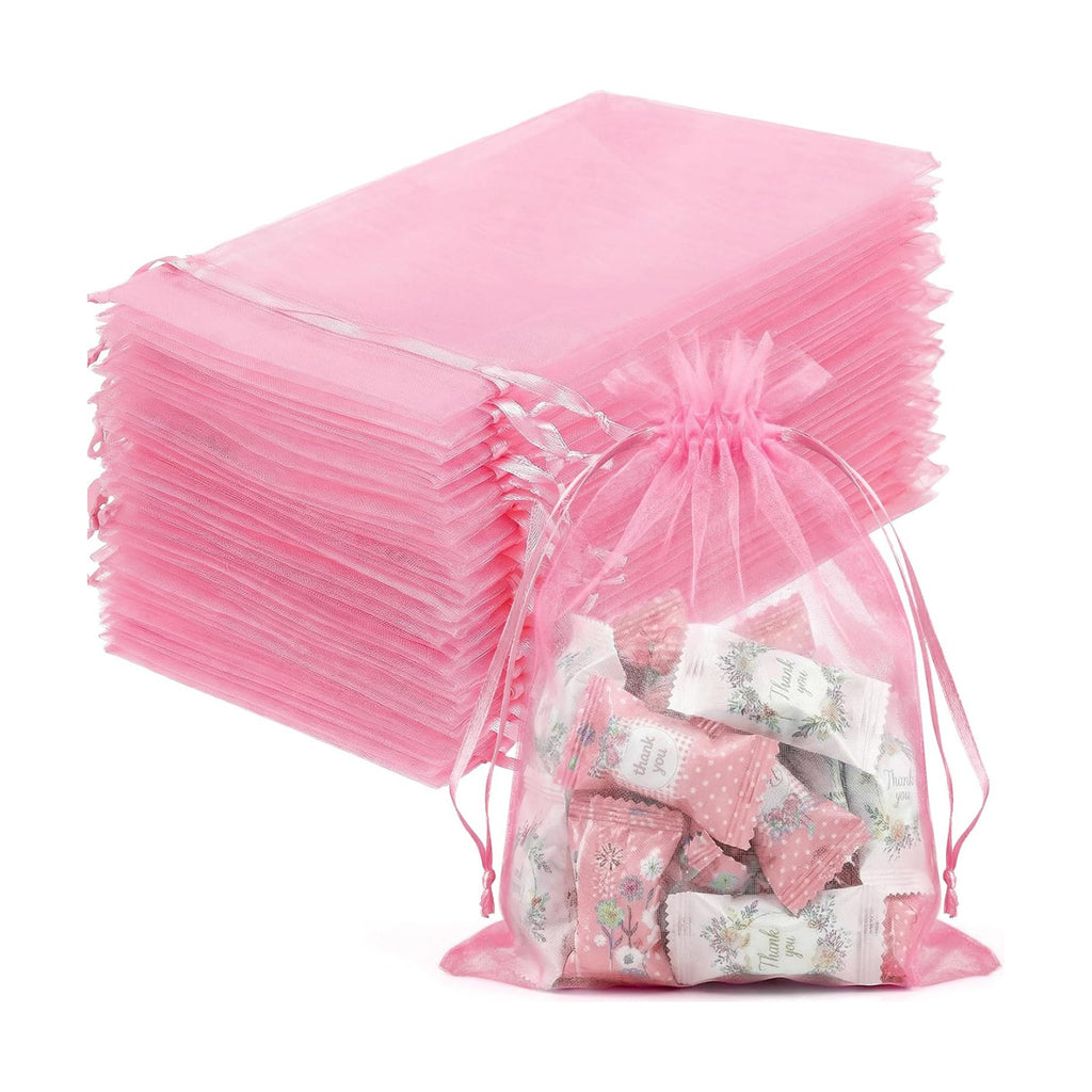 FUNFERY 100PCS Pink Organza Gift Bags 5x7in,Drawstring Pouch for Jewelry