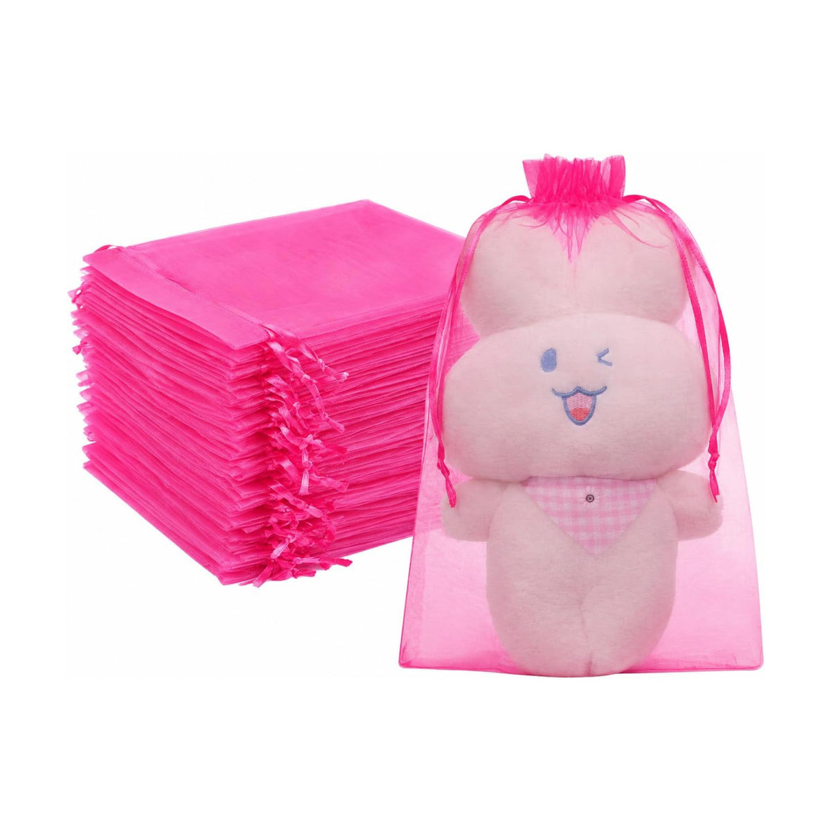 FUNFERY 100PCS Hot Pink Organza Gift Bags 6x9in,Drawstring Jewelry Pouch