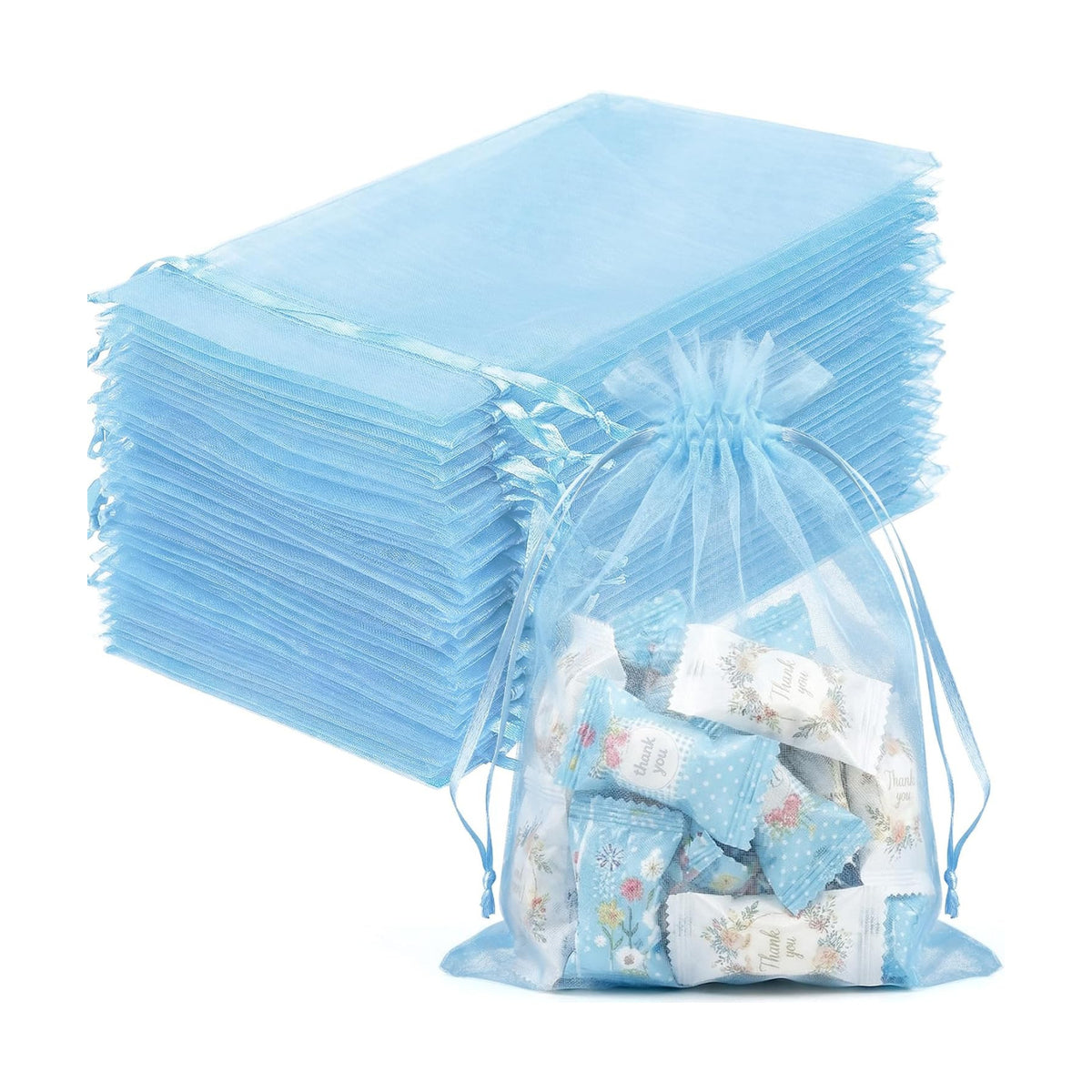 FUNFERY 100PCS Baby Blue Organza Gift Bags 5x7in,Drawstring Jewelry Pouch