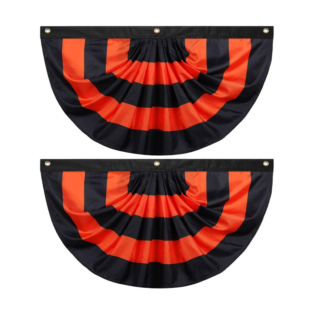Newwiee 2 Pcs 4 x 2 ft ft Halloween Flag Bunting Half Fan Hanging Pleated Flag Banner with 3 Grommets for Halloween Indoor Outdoor House Party Holiday Yard Decorations Props, Black Orange