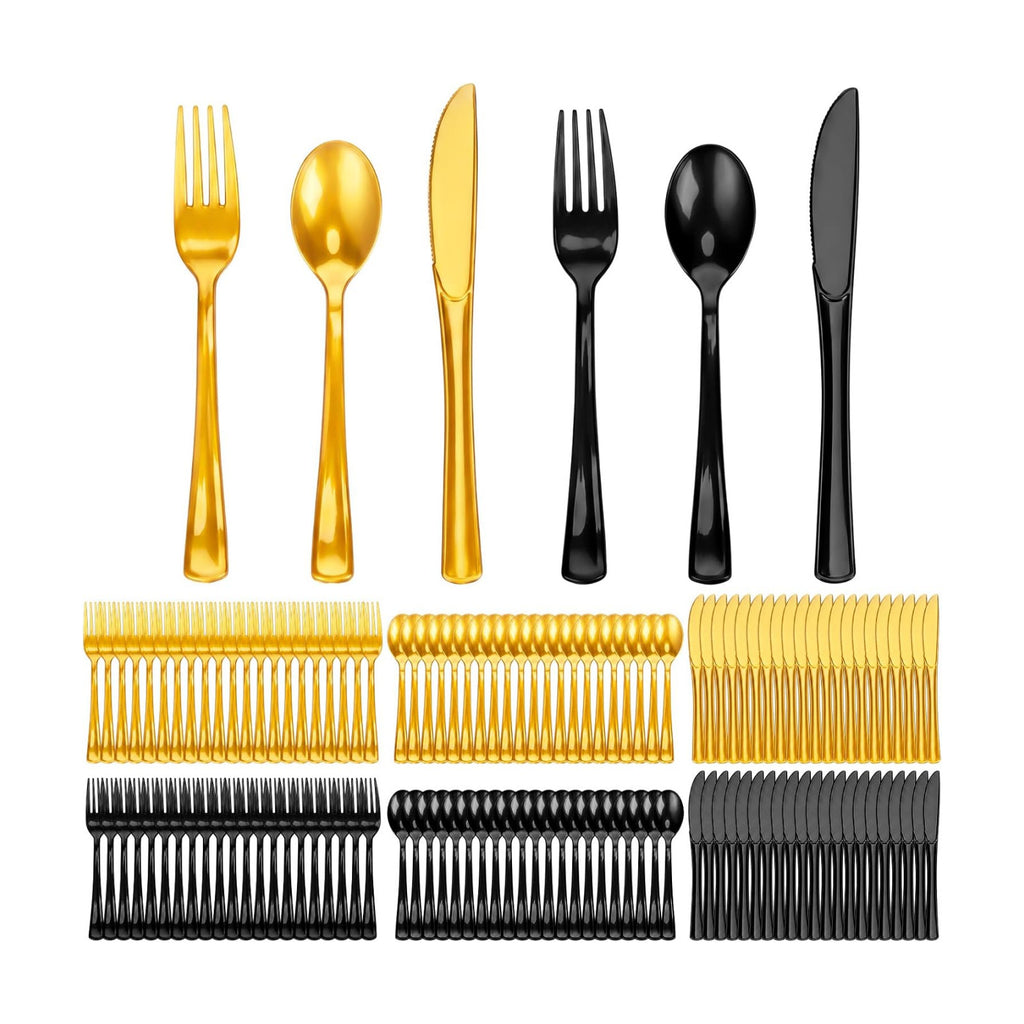 Minatee 180 Pcs Black and Gold Party Plastic Silverware Heavy Duty Cutlery Sets Disposable Utensils for Holiday Birthday Themed Party Supplies, 60 of Each Forks Knives Spoons