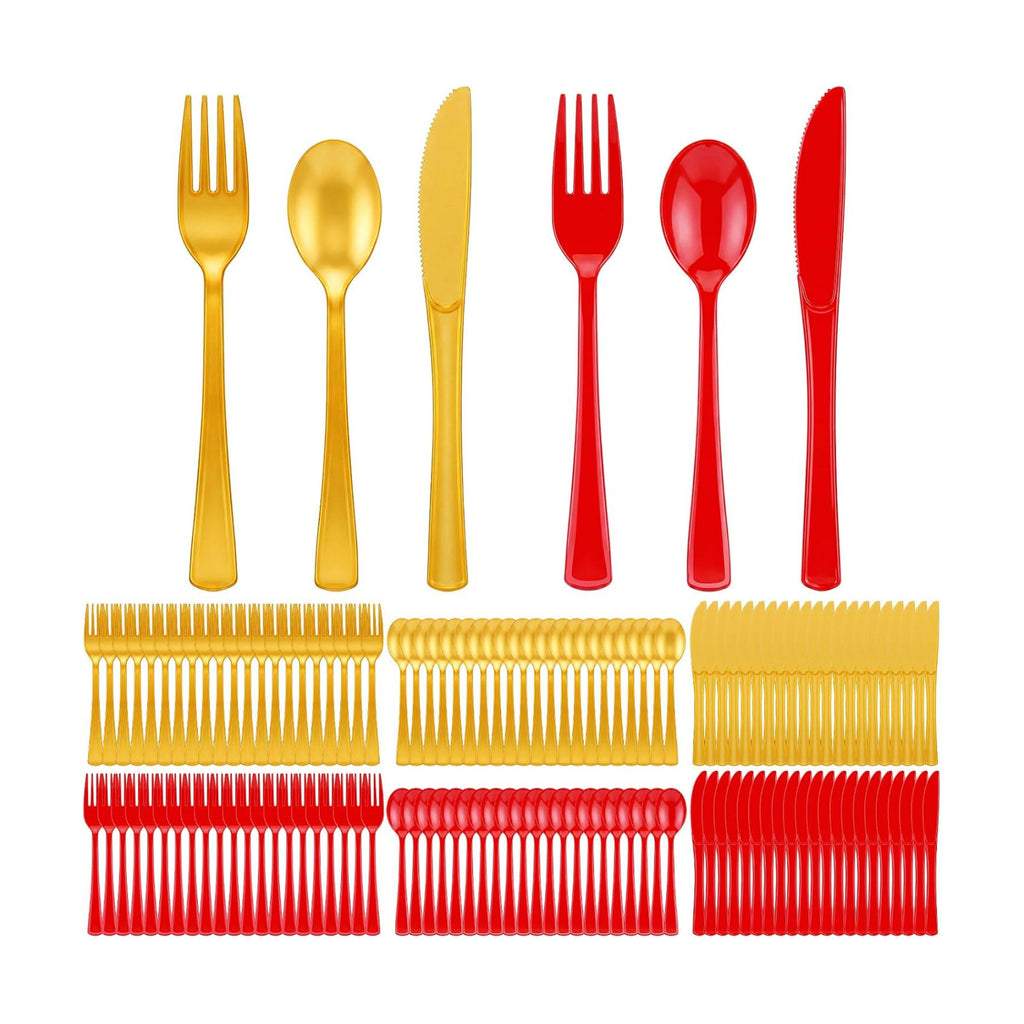 Minatee 180 Pcs Pearlescent Gold and Red Plastic Silverware Heavy Duty Cutlery Sets Disposable Utensils for Holiday Birthday Themed Party Supplies, 60 of Each Forks Knives Spoons