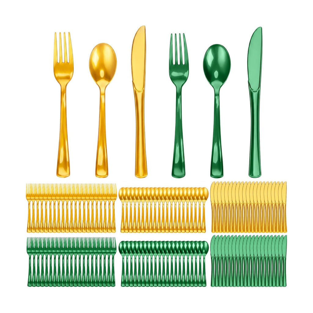 Minatee 180 Pcs Pearlescent Green Gold Plastic Silverware Heavy Duty Cutlery Sets Disposable Utensils for Holiday Birthday Themed Party Supplies, 60 of Each Forks Knives Spoons