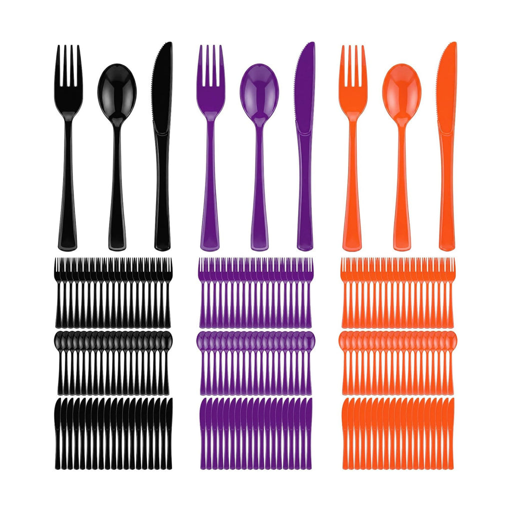 Minatee 180 Pcs Halloween Plastic Silverware Heavy Duty Cutlery Sets Disposable Utensils for Holiday Birthday Themed Party Supplies, 60 of Each Forks Knives Spoons